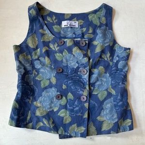 Vintage Blue Floral Linen Blend Double Breasted Vest